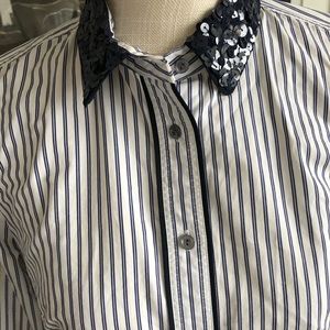 J.Crew Sequin Collar Navy Pinstripe Cotton ButtonDown Blouse Size 4P